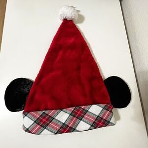 Disney Parks Christmas Plaid Red Mickey Mouse Ears Santa Hat Adult Size w/TAG